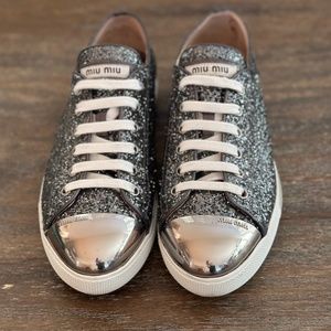 MIU MIU Metallic Grey Glitter Metal Cap Tow Low Top Sneakers Size 36.5